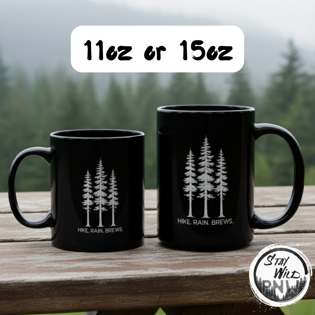 Hike. Rain. Brews. | PNW Mug | Coffee Beer Lover - Black Mugs