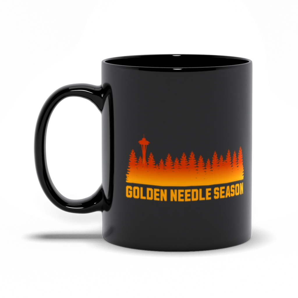 Golden Needle Season | PNW Larch Hiking Coffee Cup | Black Ceramic - Black Mugs - Image 3