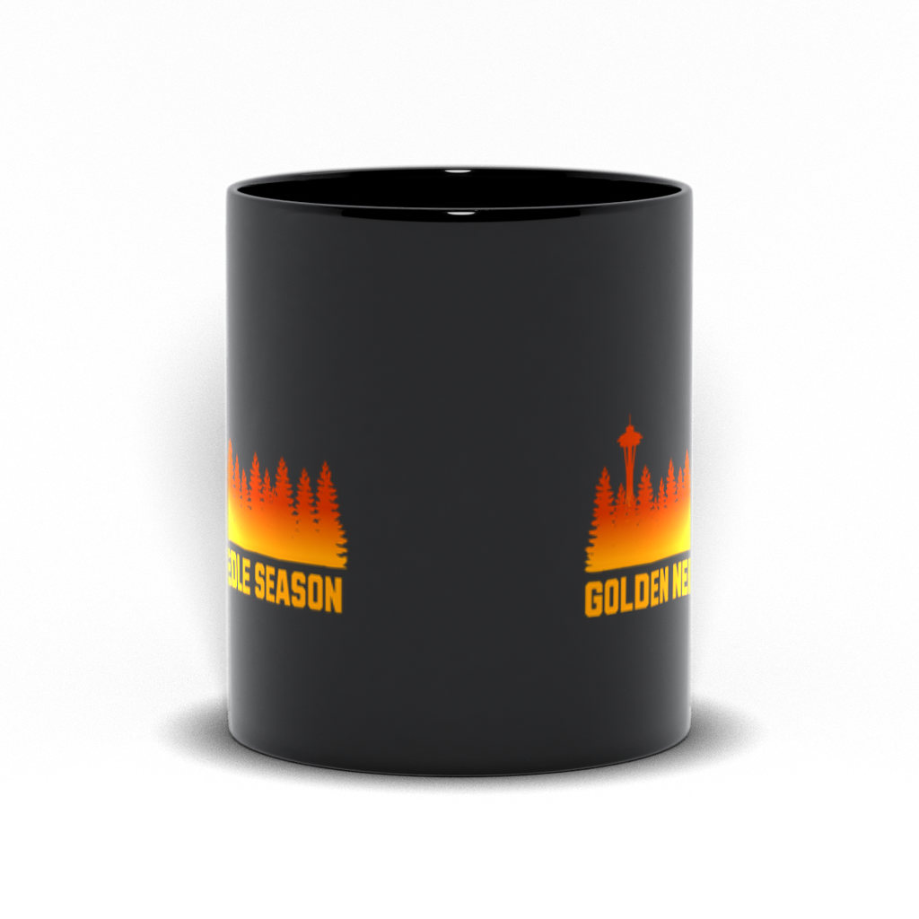 Golden Needle Season | PNW Larch Hiking Coffee Cup | Black Ceramic - Black Mugs - Image 5