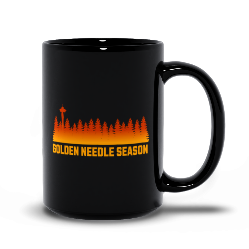 Golden Needle Season | PNW Larch Hiking Coffee Cup | Black Ceramic - Black Mugs - Image 6